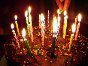 cake with many lit birthday candles